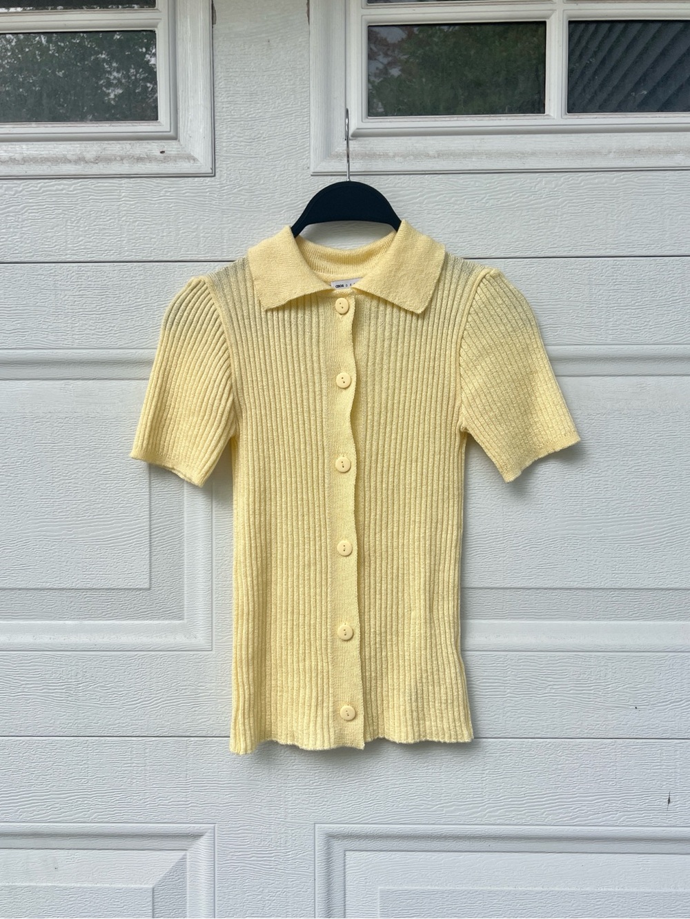 ASOS Butter Yellow Ribbed Short Sleeve Button-Down Top - Picture 1 of 6
